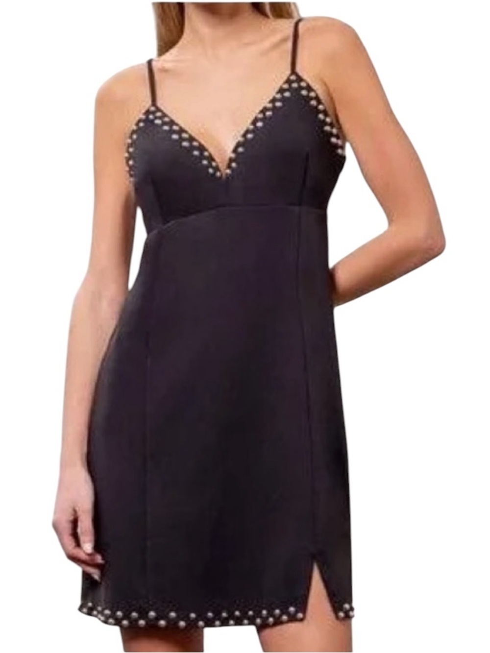Moon River Women's Black Studded V-neck Adjustable Strap Minidress Sz L NWT